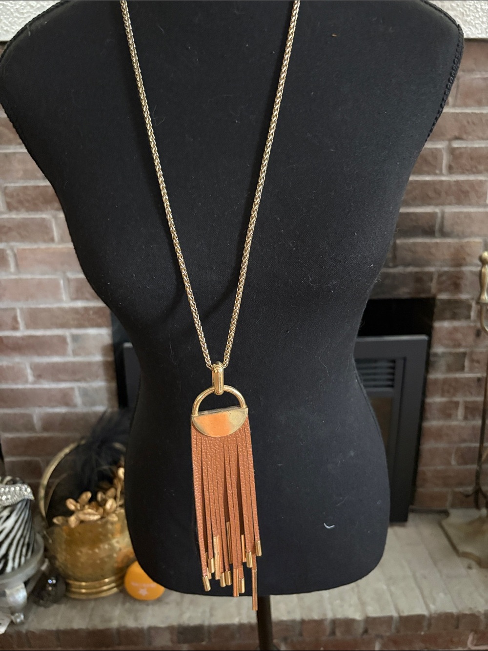 Vintage Gold and Tan Fringe Tassel Pendant Necklace - Women Jewelry